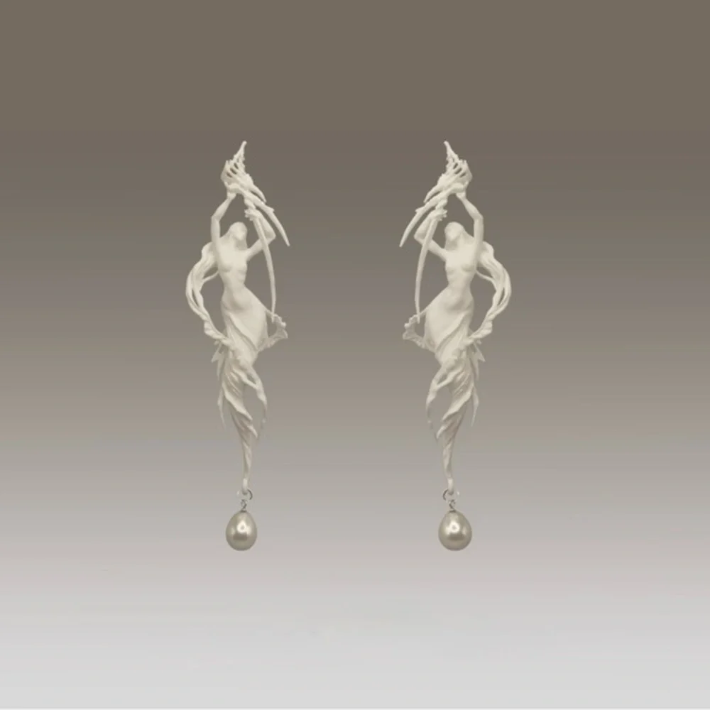 Goddess Siren Statement Earrings with Baroque Pearl Drop – 3.2” Art Nouveau